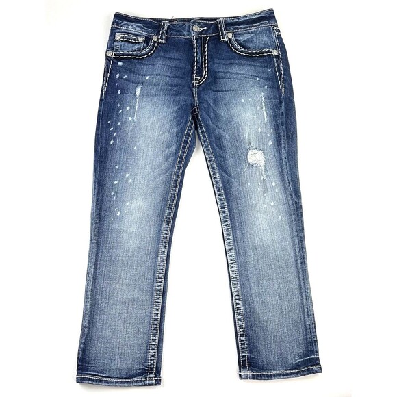 Miss Me Boyfriend Capri Distressed Jeans Flap Pocket Stretch Blue Womens 28x25 - Picture 4 of 11